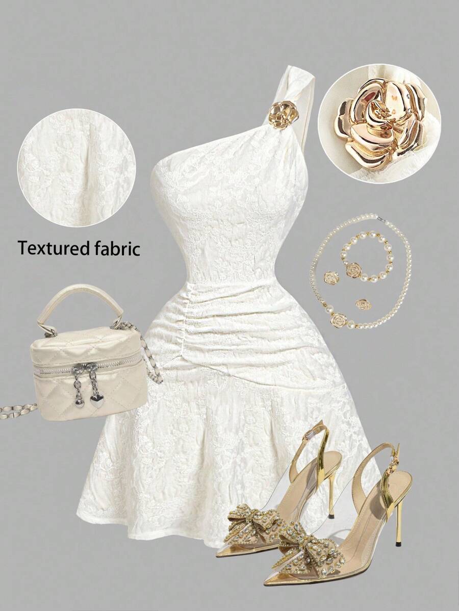 SHEIN MOD Váy dệt kim jacquard viền bèo nhún cắt vai họa tiết hoa kim loại cỡ lớn, phong cách đường phố, rave, nhiệt đới, tiệc trà, Hawaii, trang phục dự tiệc sáng muộn, Gyaru, gợi cảm, phương Tây, váy xòe đi chơi - Màu be - Xem 1