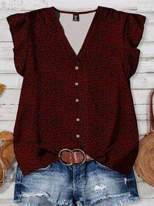 EMERY ROSE 大码女装日常休闲度假粉色V领小飞袖度假风豹纹宽松衬衫，女士夏装，女士度假服装，女士夏装，女士外出上衣，可爱夏季上衣，女士夏装 - 酒紅色 - 查看 1