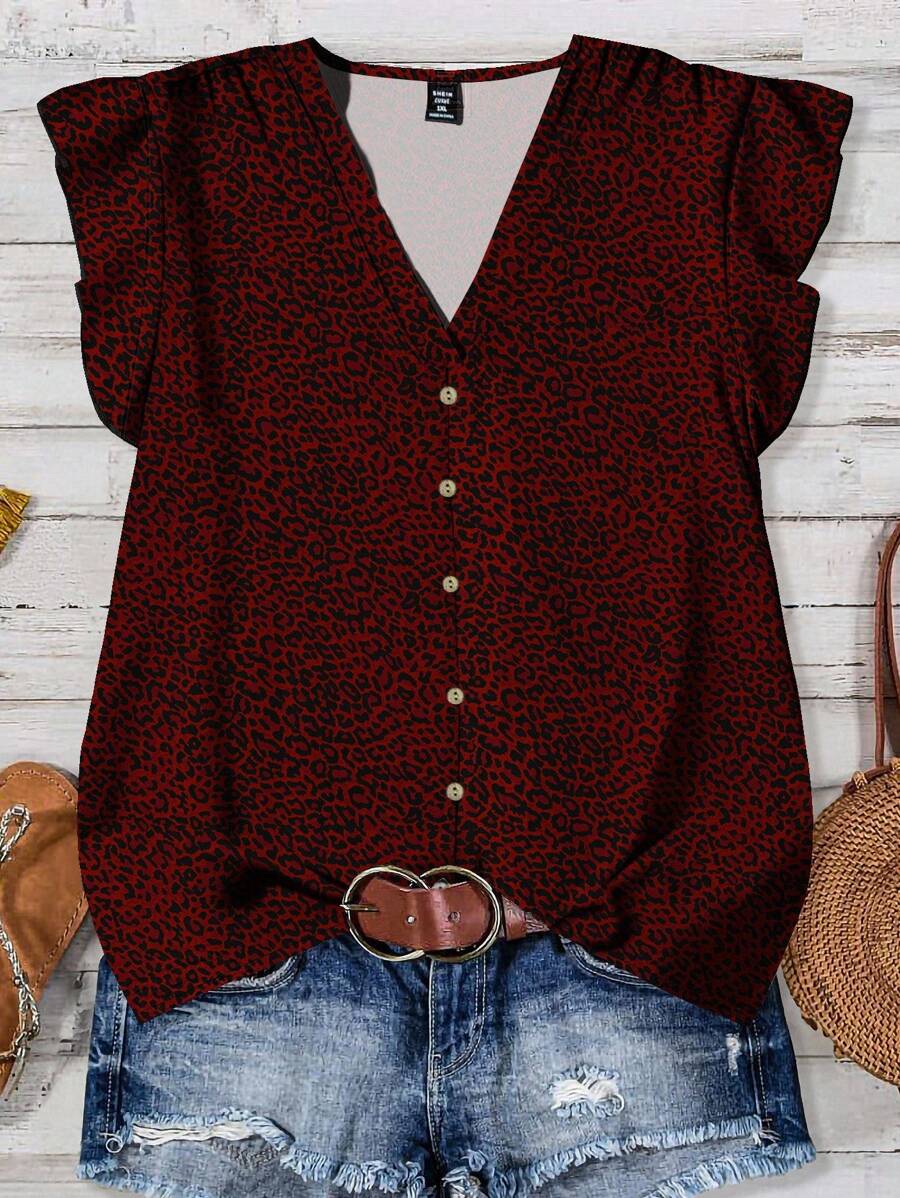 EMERY ROSE 大码女装日常休闲度假粉色V领小飞袖度假风豹纹宽松衬衫，女士夏装，女士度假服装，女士夏装，女士外出上衣，可爱夏季上衣，女士夏装 - 酒紅色 - 查看 1