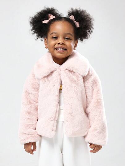 SUMWON Children Winter Teddy Bear Jacket Plush Fur Coat Soft Fuzzy Outerwear With Pink Bow Accessories Formal Special Occasion Party Wedding Girls Fashion