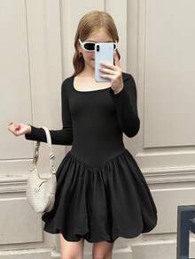 SHEIN 女童优雅方领泡泡袖长袖纯黑色迷你连衣裙 - 黑色 - 查看 9