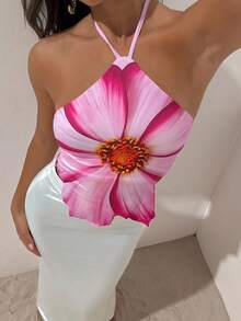 Opulessa Top aderente da donna con stampa floreale, schiena scoperta e lacci al collo, top a fiori rosa, top con stampa floreale, adatto per costumi di Ognissanti, stile fairycore, casual elegante, sexy per feste, serate, matrimoni, autunno chic, uscite, Festa Nazionale, Capodanno, eventi eleganti, laurea, ballo di fine anno, lussuoso per serate, top a fiori con collo a canottiera