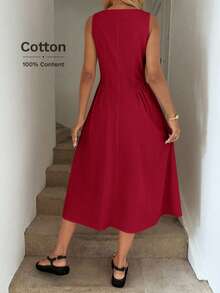 Easowa Đầm suông chữ A cổ tròn, xếp ly eo, đầm midi thanh lịch cho nữ, làm từ vải cotton hữu cơ, thích hợp cho mùa xuân và mùa hè - Đỏ - Xem 2