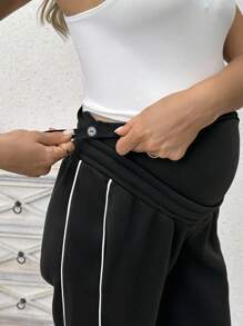 SHEIN 孕妇纯色侧条纹贴袋裤 - 黑色 - 查看 3
