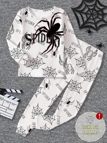 Tween Boys Spider Print Snug Fit Long Sleeve Top And Pants 2 Pieces Pajama Set, Stretchy Slim Fit, Suitable For Spring/Autumn Snug Fit Pajamas Fall Winter - White - View 1