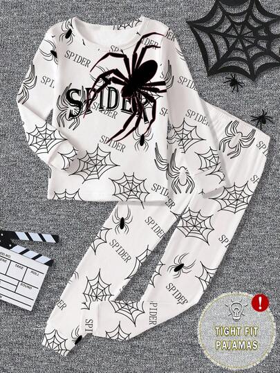 Tween Boys Spider Print Snug Fit Long Sleeve Top And Pants 2 Pieces Pajama Set, Stretchy Slim Fit, Suitable For Spring/Autumn Snug Fit Pajamas Fall Winter