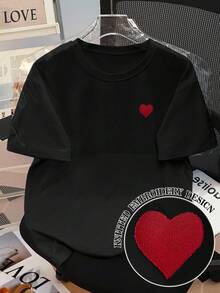 SHEIN 大码宽松心形刺绣女式 T 恤 - 黑色 - 查看 1