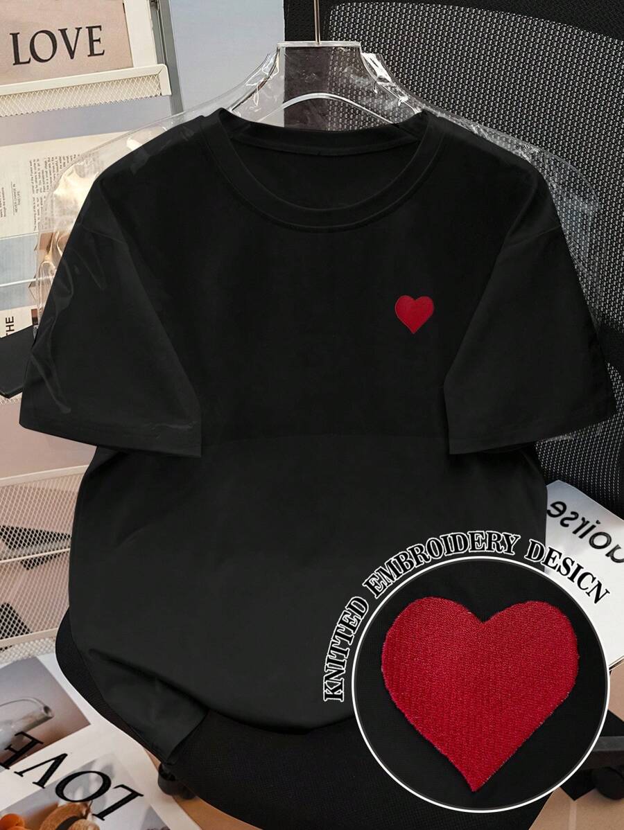 SHEIN 大码宽松心形刺绣女式 T 恤 - 黑色 - 查看 1