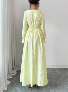 Lyxana Wiosenno-jesienna sukienka w kolorze żółtego jaskra w stylu francuskim, elegancka, słodka i romantyczna, z bufiastymi rękawami i wyszczuplającą talią, z długim rękawem dla kobiet - Żółty - Zobacz 6