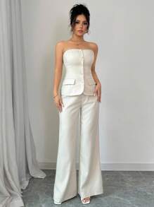 Selianne Bộ 2 món áo trễ vai thanh lịch màu trơn cho nữ và quần ống đứng - Màu be - Xem 3