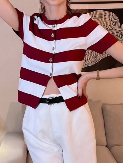 Pariaura 法式休闲风修身圆领短袖毛呢条纹腰收腰黑白女春夏开衫女户外上衣