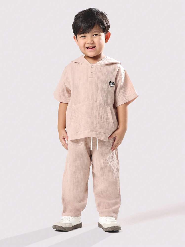 Short Sleeve Hooded Top With Drawstring Pants Set