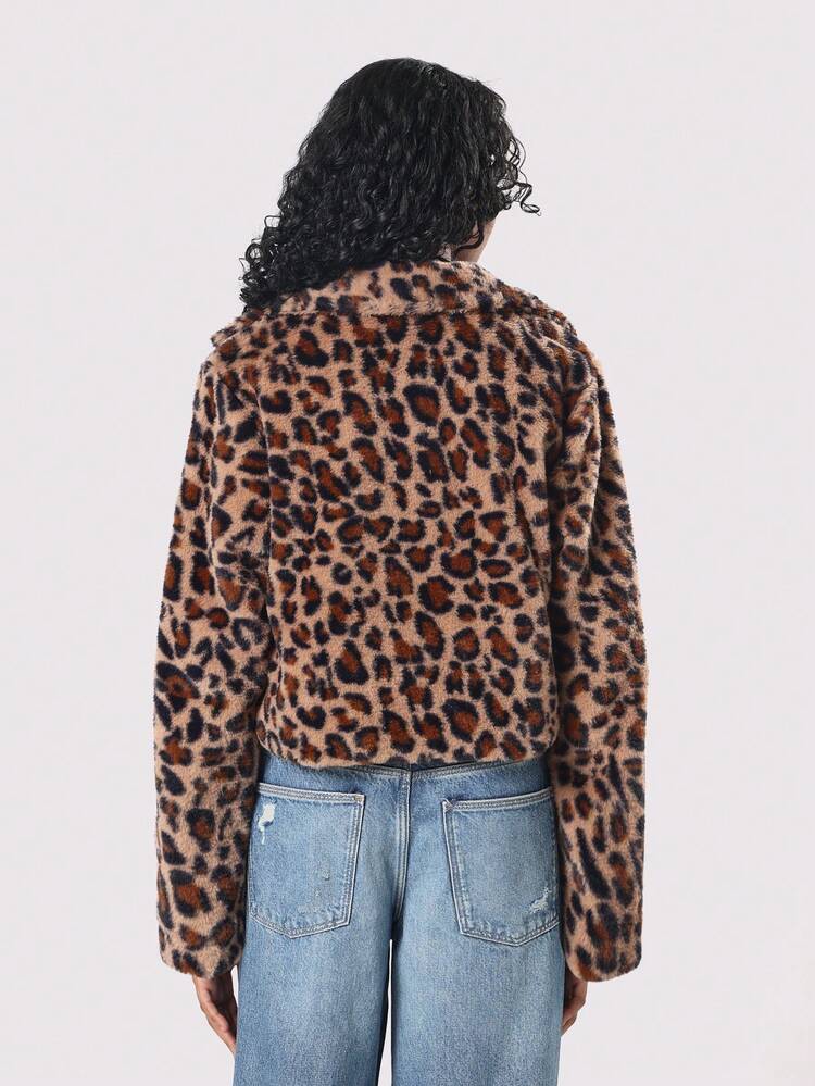 Leopard Print Faux Fur Crop Jacket With Plush Texture
