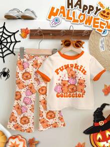 SHEIN Halloween Baby Girl Cute Modest Burnt Orange Summer Birthday Plaid Pumpkin & Capybara Pattern,Mini Star Print Short Sleeve T-Shirt And Pants Set - Multicolor - View 2