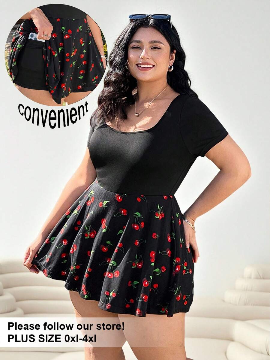 Solflare Plus Size Cherry-Patchwork Ruffle Hem Jumpsuit, Casual And Fashionable For Everyday Wear - Black - View 1