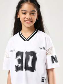 SUMWON Oversized Crop Jersey T-Shirt Varsity College Style Number 30 NYC Print Short Sleeve V-Neck Lace Insert White Top Streetwear School Summer Spring - Black - View 5