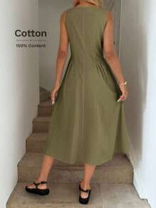 Easowa Đầm suông chữ A cổ tròn, xếp ly eo, đầm midi thanh lịch cho nữ, làm từ vải cotton hữu cơ, thích hợp cho mùa xuân và mùa hè - màu xanh lá - Xem 2