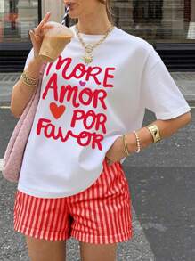 SHEIN 女式夏季标语印花短袖 T 恤和条纹短裤休闲两件套 - 紅色 - 查看 3