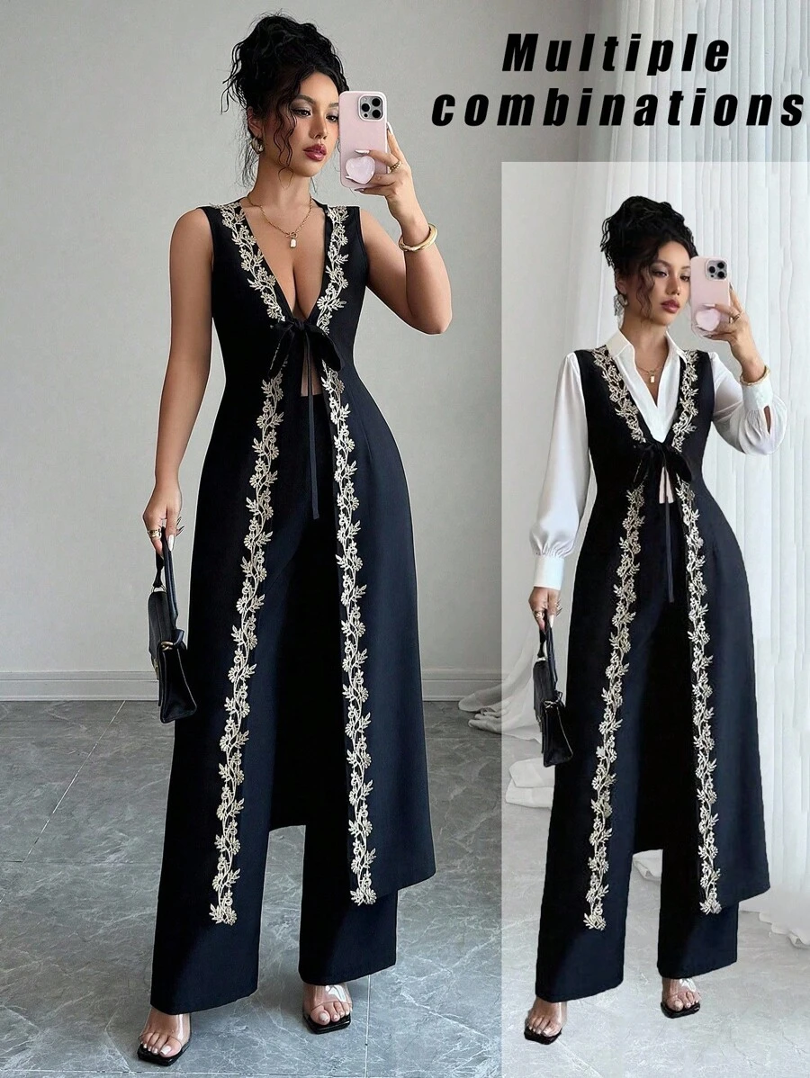 Elenzga Halloween V-Neck Tie Waist Sleeveless A-Line Top With Gold Floral Trim Vest And Straight Leg Pants, Elegant & Romantic Women 2 Pieces Set - Black - View 1