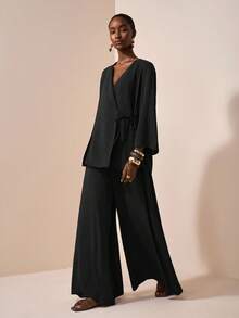 Zivah 2025 年夏季新品音乐节和毕业休闲装，学院风学生日常穿着，度假海滩日光浴街头装，棕色纹理亚麻面料，和服风格腰带衬衫和阔腿裤两件套女士西装套装女士黑色阔腿裤套装，秋季 - 黑色 - 查看 3