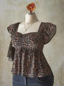 SHEIN ICON 加大码褶饰前片荷叶边短袖娃娃装上衣，适合夏季和度假 - 彩色 - 查看 5