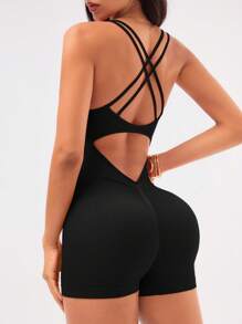 Easithlete 女士无缝露背健身连体裤 - 黑色 - 查看 6