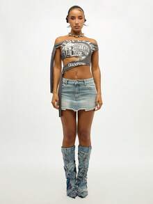 SUMWON WOMEN 光滑露肩短款上衣，抹胸侧系带设计，时尚休闲学院篮球冠军团队精神派对节日风格 - 灰色 - 查看 7