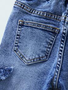 SHEIN Quần jean xanh nhạt rách cho bé gái, thêu hình ngôi sao, cạp chun, ống loe ôm sát - Rửa tối - Xem 7