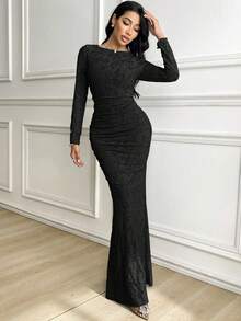 Veilorie Women's Solid Color Round Neck Pleated Fitted Long Sleeve Dress Long Black Elegant Dress - Black - View 5