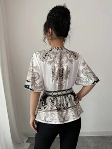 Rafferiza Camisa de manga corta con cintura entallada y estampado floral en forma de A, para primavera/verano y vacaciones - Multicolor - Ver 2