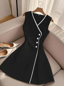 Selianne V领无袖A字腰设计时尚优雅连衣裙，夏季