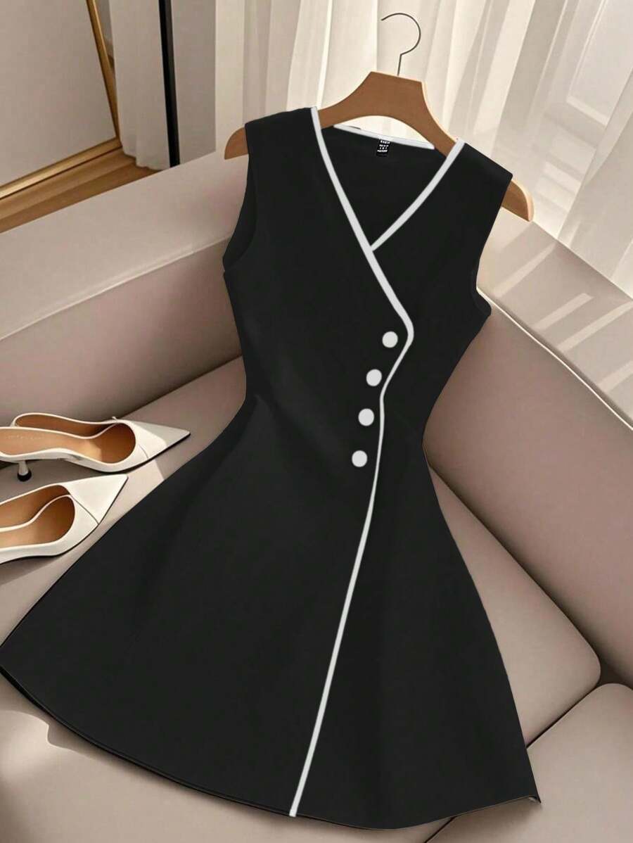 Selianne V领无袖A字腰设计时尚优雅连衣裙，夏季