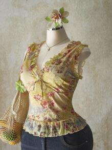 SHEIN ICON 加大码粉色佩斯利花纹 V 领荷叶边下摆网眼背心，适合夏季，Y2K 复古佩斯利花纹，毕业/返校季夏装，暑假 - 綠色 - 查看 5