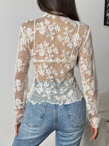 Glamine Áo dài tay đơn giản màu trơn trang trí ren Sheer - Màu be - Xem 2