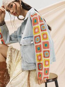 Easelle Veste en jean pour femmes avec manches en laine colorée, coutures, veste d'automne et d'hiver