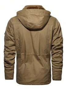 Manfinity Homme 男士长袖宽松翻盖口袋抽绳腰带连帽保暖内衬冬季外套，适合秋季穿着