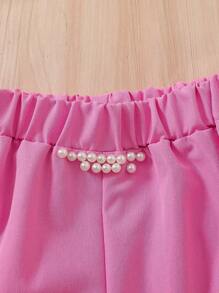 3 件女童套装：白色长袖圆领 T 恤 + 串珠粉色背心 + 宽松松紧腰阔腿裤，适合日常、通勤、休闲装、返校季、所有季节 - 粉色 - 查看 8