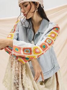 Easelle Veste en jean pour femmes avec manches en laine colorée, coutures, veste d'automne et d'hiver