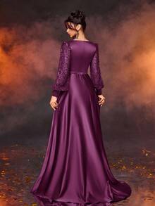 Glamrae Váy maxi satin dài tay đính hạt sequin lấp lánh thanh lịch màu đỏ burgundy sang trọng có thắt lưng có thể tháo rời, thích hợp cho đám cưới, tiệc tùng, kỳ nghỉ, tốt nghiệp, vũ hội, mẹ cô dâu - Màu tím - Xem 2