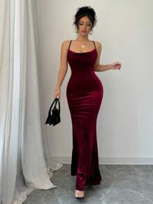 Rafferiza Váy nhung đỏ Burgundy thanh lịch dành cho nữ dự tiệc năm mới - Màu Đỏ Sâu - Xem 1