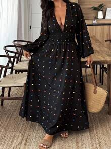 Weeklong Deep V-Neck Casual Sexy Slit Long Sleeve Plus Size Dress Fall Cloth For Women