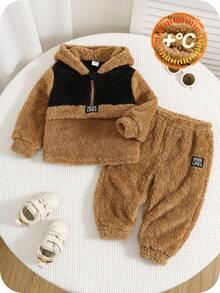 SHEIN 2 pièces/Set Bébé Garçon/Fille Décontracté Mignon Bloc de Couleur Sweat-shirt à Capuche Moelleux et Pantalon de Jogging Ensemble de Survêtement, Vêtements de Bébé Unisexe, Tenue Thermique d'Hiver pour Bébé