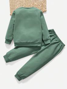 SHEIN 男孩字母圖形套頭衫和運動長褲 - 綠色 - 查看 2