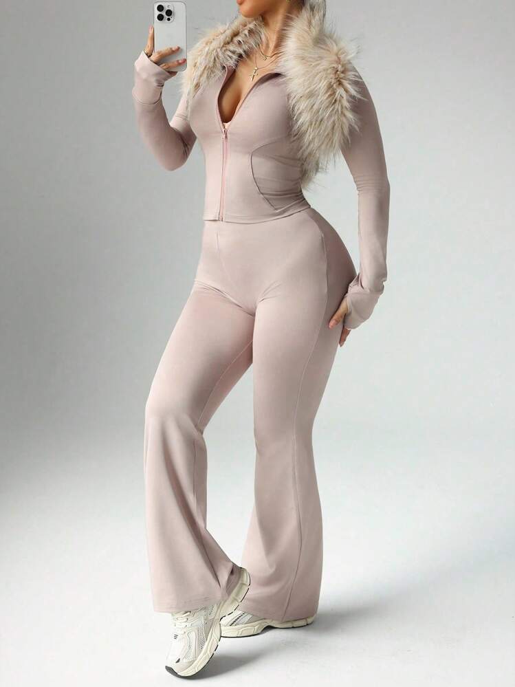 Rhythm Era 2pcs/Set Women Plus Size Casual Zip Front Hooded Jacket & High Waist Flare Pants, Thumb Hole Design Workout Women Sets - Pink - View 6