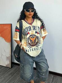 Rovax 女士休闲V领短袖字母印花T恤，夏季 - 彩色 - 查看 3