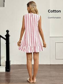 Easowa 蓝白条纹荷叶边下摆无袖圆领女式迷你连衣裙，波西米亚风格 - 彩色 - 查看 6