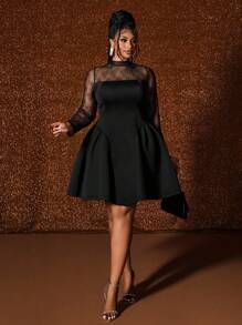 Maweii Váy phồng ren chắp vá thanh lịch cỡ lớn - màu đen - Xem 7