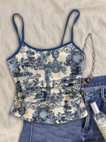 SHEIN Leap Crew 少女法式蓝天使雕像花卉水彩蓝色贝壳图案撞色吊带背心，复古风，休闲度假风，可爱，Y2K椰子波西米亚风，春假早午餐必备，浅蓝色旅行霓虹海滩氛围，波西米亚嬉皮音乐节，适合夏季，修身休闲运动吊带基本款三件套夏季上衣，夏威夷海滩夏季海岸风 - 彩色 - 查看 5