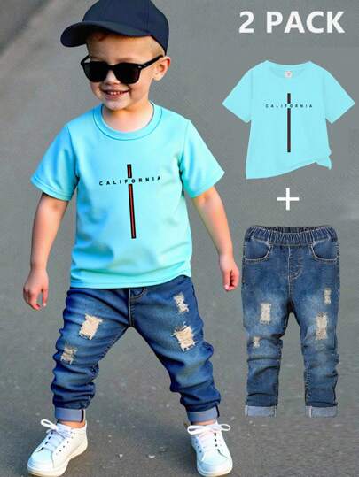 SHEIN Playful Pals 2 件套年轻男孩休闲时尚街头风格简约加州与十字图案蓝色短袖圆领 T 恤和牛仔裤套装