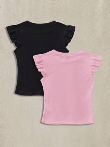 Soleia 2pcs/Set Rib Knit Round Neck Cap Sleeve Fitted T-Shirt Set Suitable For Going Out - Multicolor - View 2